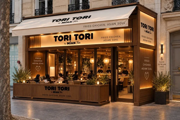 La façade de TORI TORI le soir, place du 18 Juin 1940